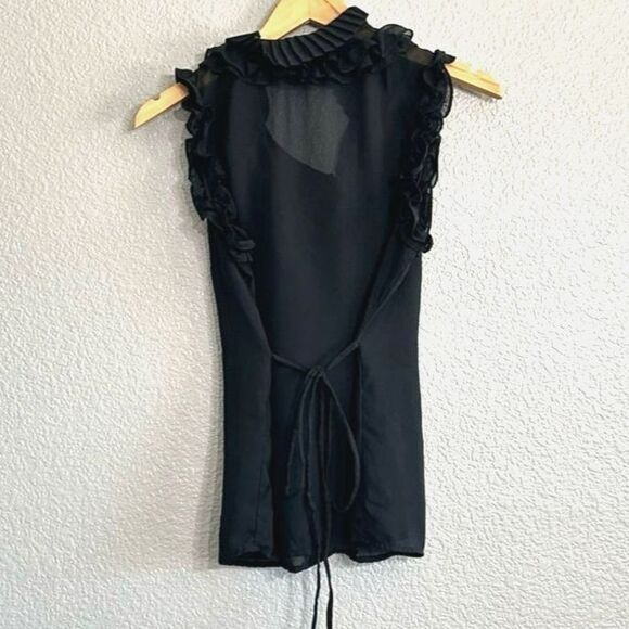 Antilia Femme Blouse Tie Waist Sheer Black Ruffle Hem Pleated Button Up Sz Large - Picture 3 of 8